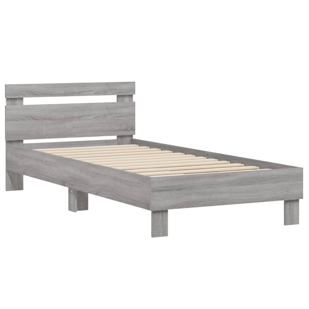 sengeramme med sengegavl og LED-lys 90x200 cm grå sonoma-eg