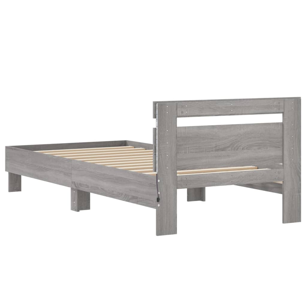 sengeramme med sengegavl og LED-lys 90x190 cm grå sonoma-eg