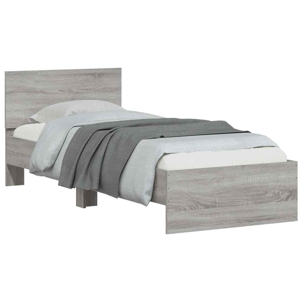 sengeramme med sengegavl og LED-lys 90x190 cm grå sonoma-eg