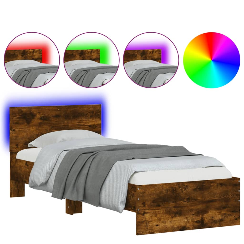 sengeramme med sengegavl og LED-lys 75x190 cm røget egetræ