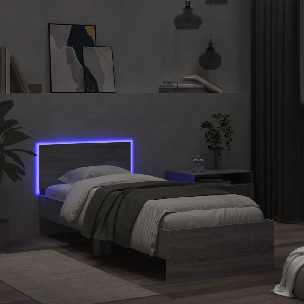 sengeramme med sengegavl og LED-lys 75x200 cm grå sonoma-eg