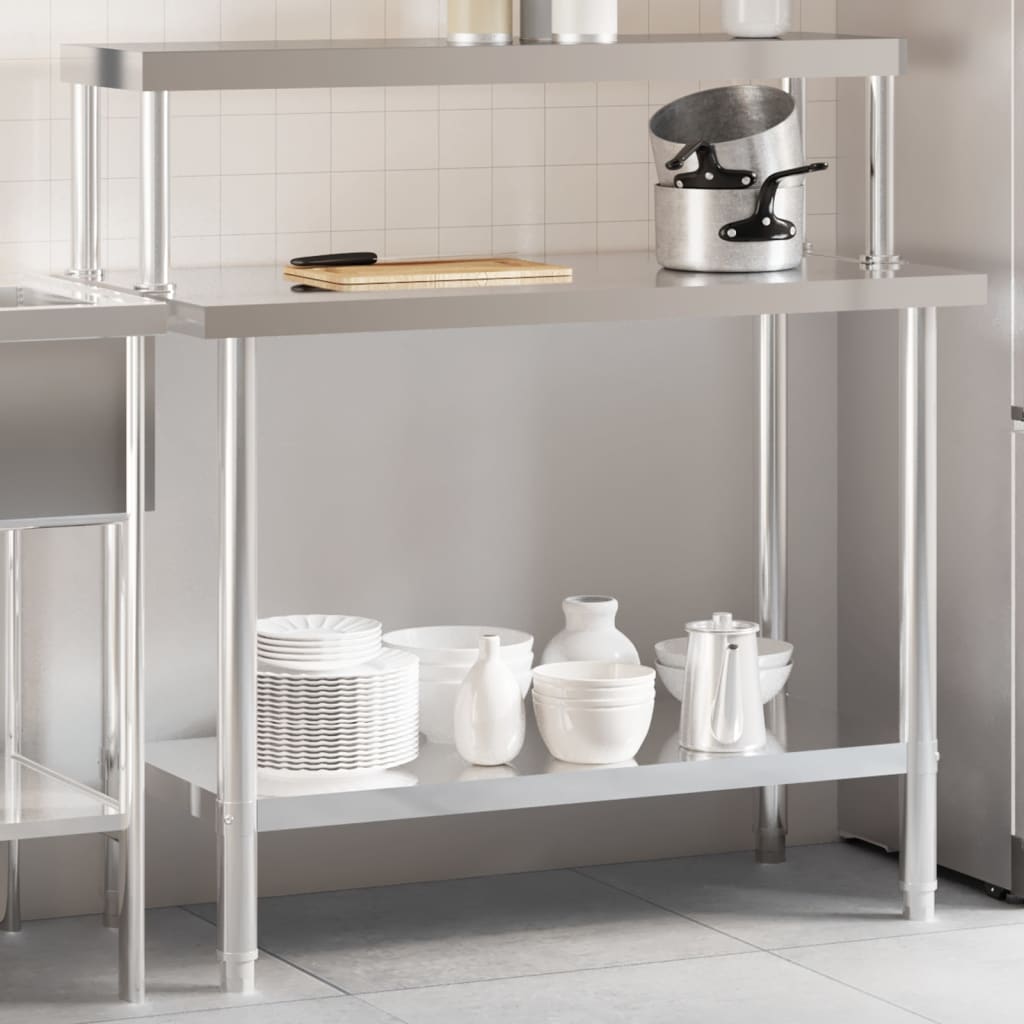 køkkenbord med tophylde 110x55x120 cm rustfrit stål billede