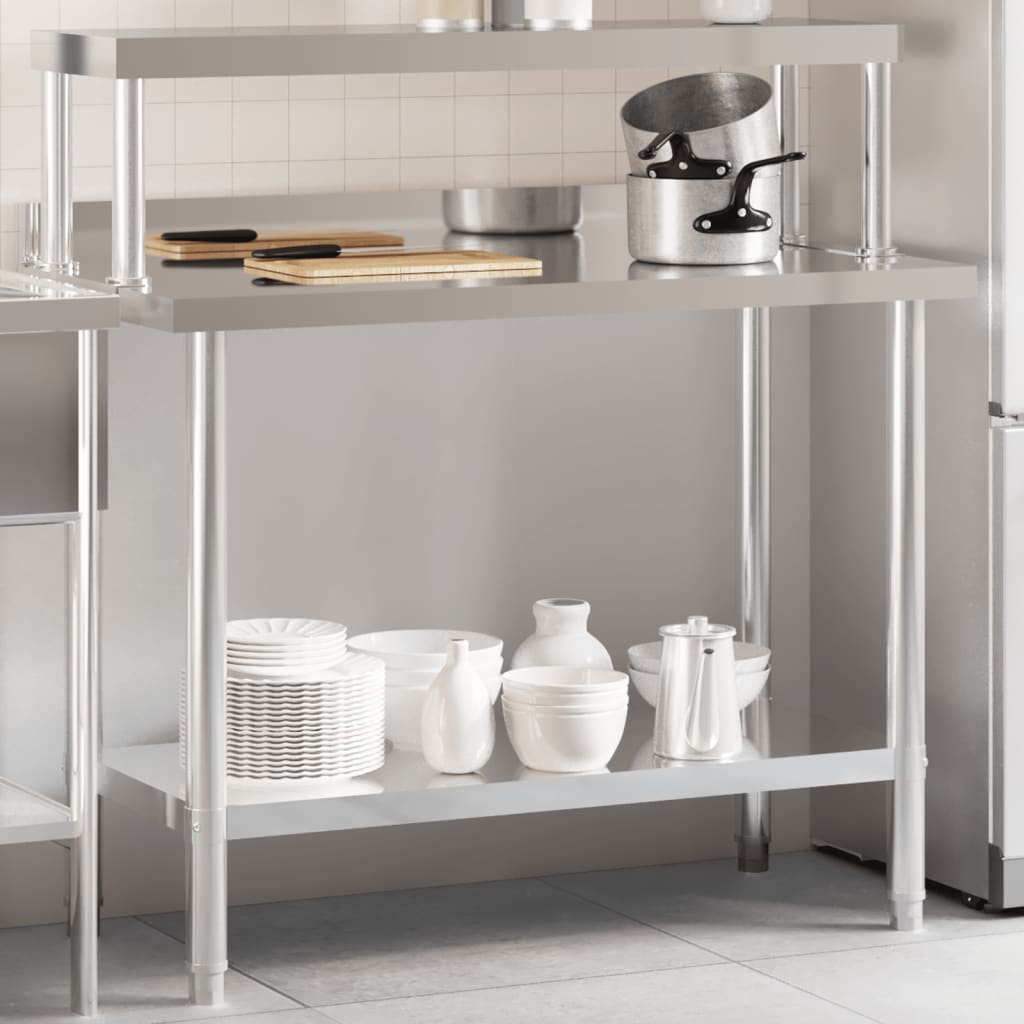 køkkenbord med tophylde 110x55x120 cm rustfrit stål billede