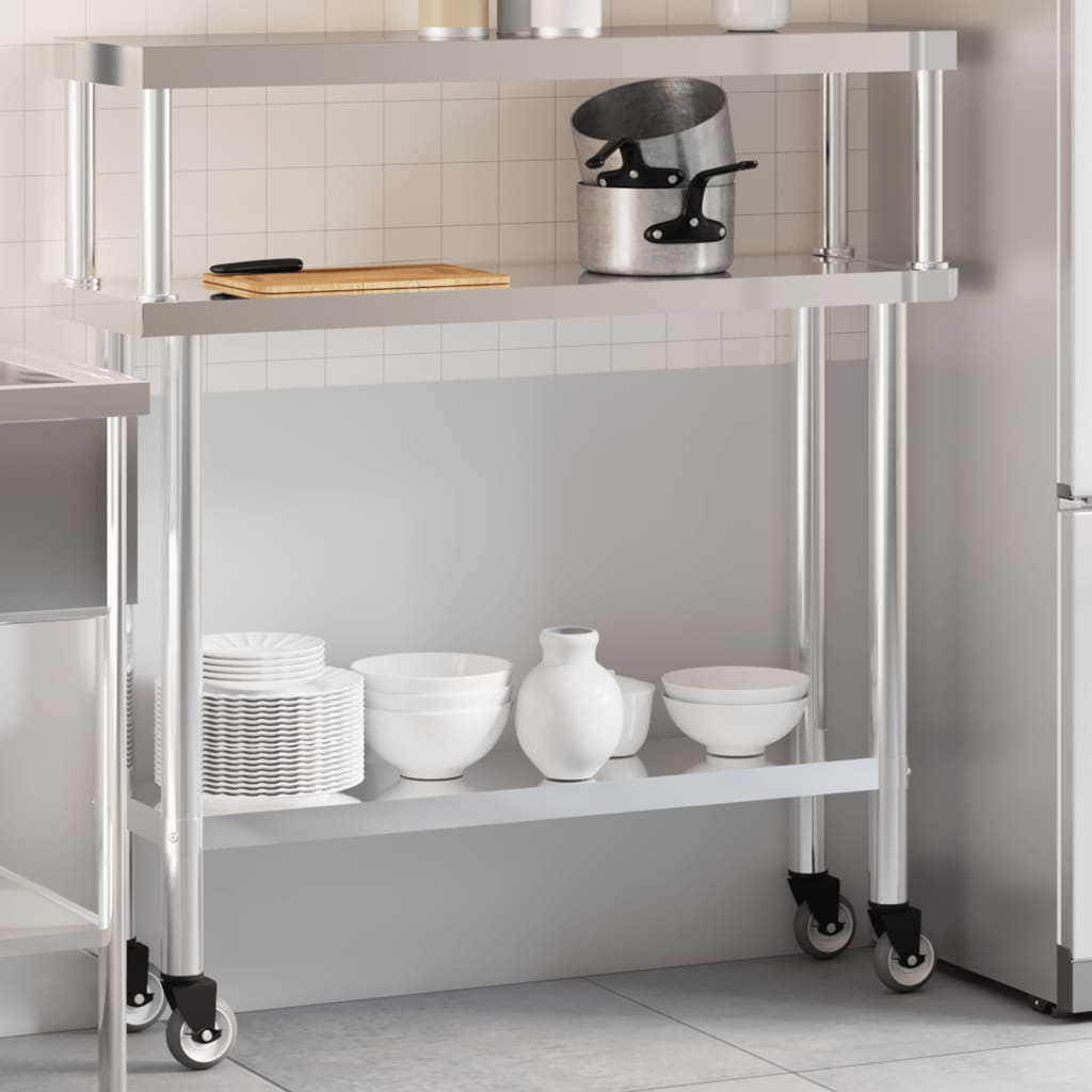 køkkenbord med tophylde 110x30x120 cm rustfrit stål billede