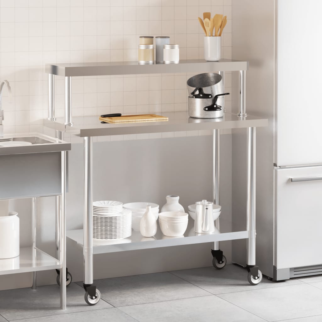 køkkenbord med tophylde 110x55x120 cm rustfrit stål