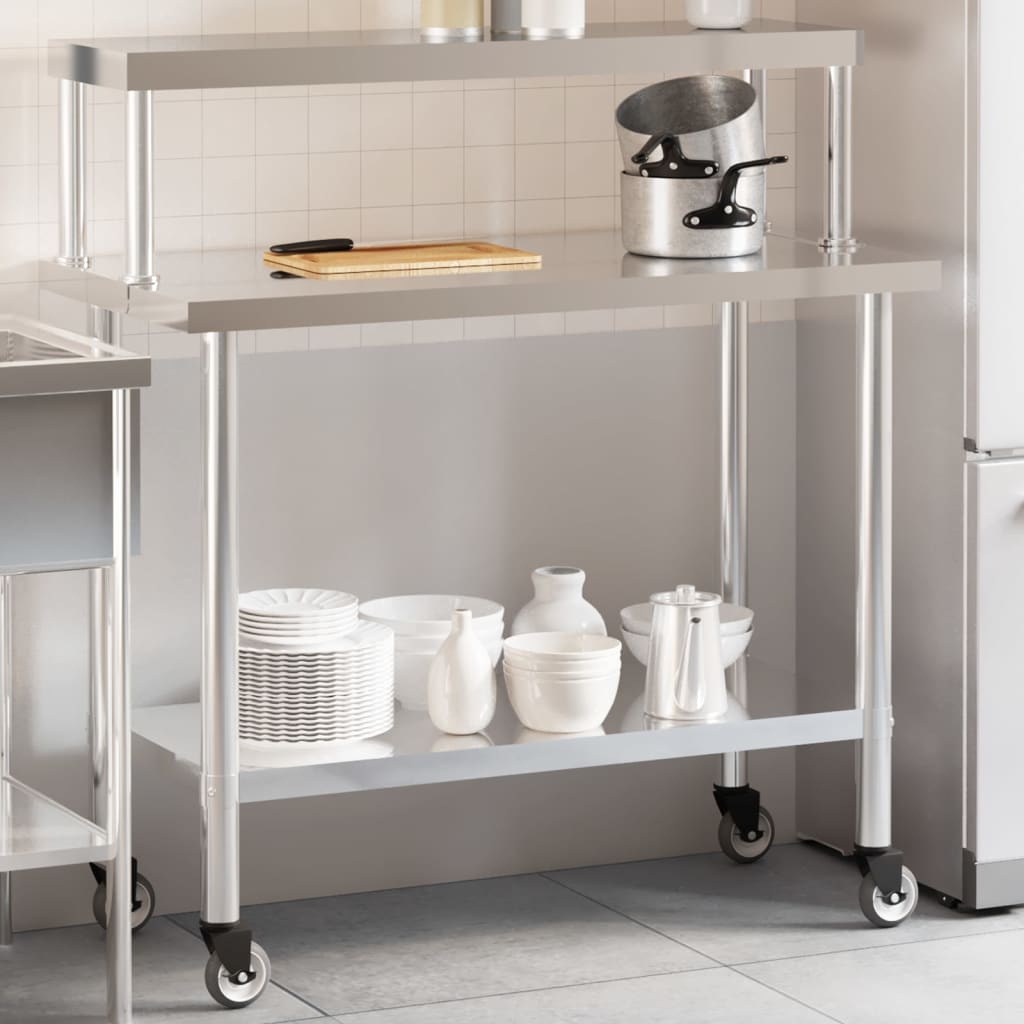 køkkenbord med tophylde 110x55x120 cm rustfrit stål