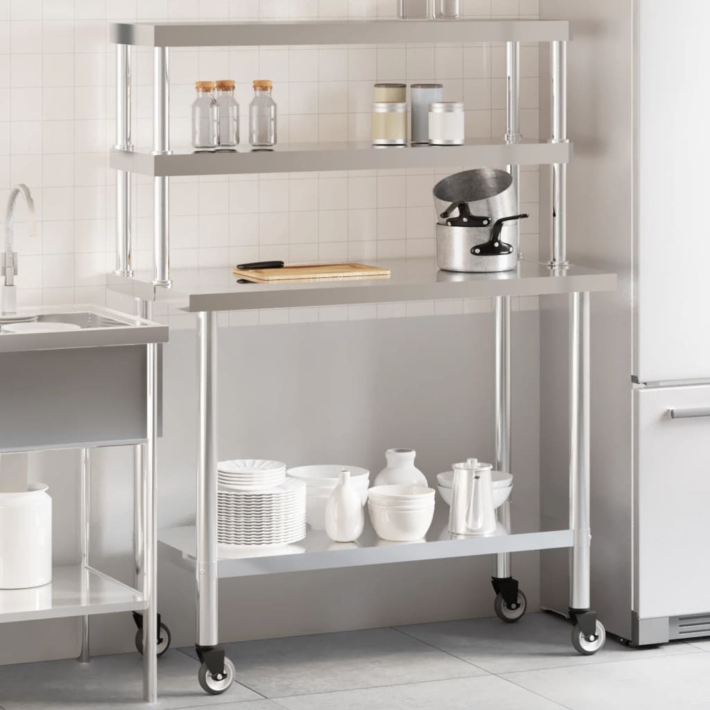 køkkenbord med tophylde 110x55x150 cm rustfrit stål
