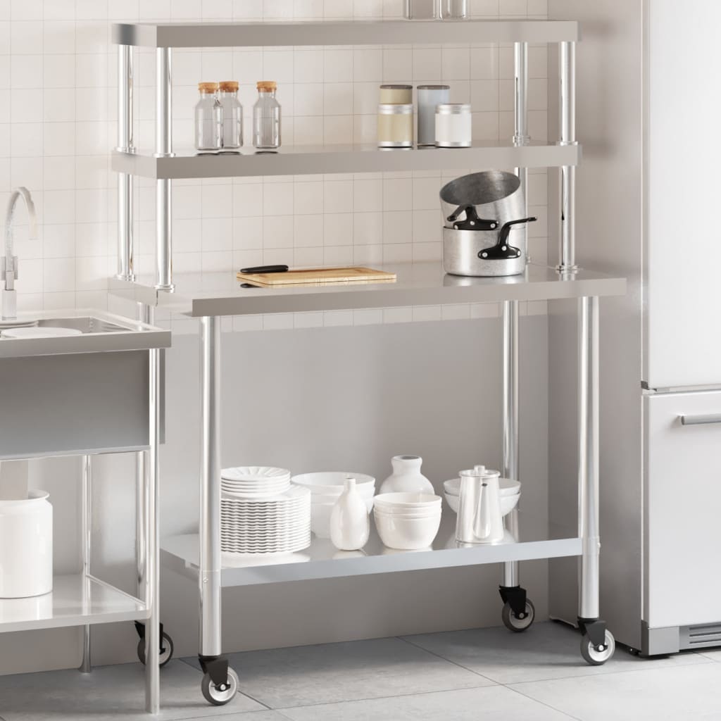 køkkenbord med tophylde 110x55x150 cm rustfrit stål billede