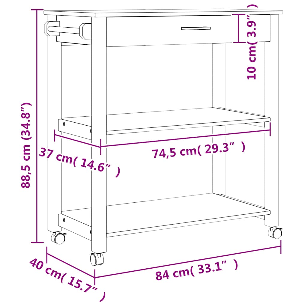 køkkenvogn MONZA 84x40x88,5 cm massivt fyrretræ