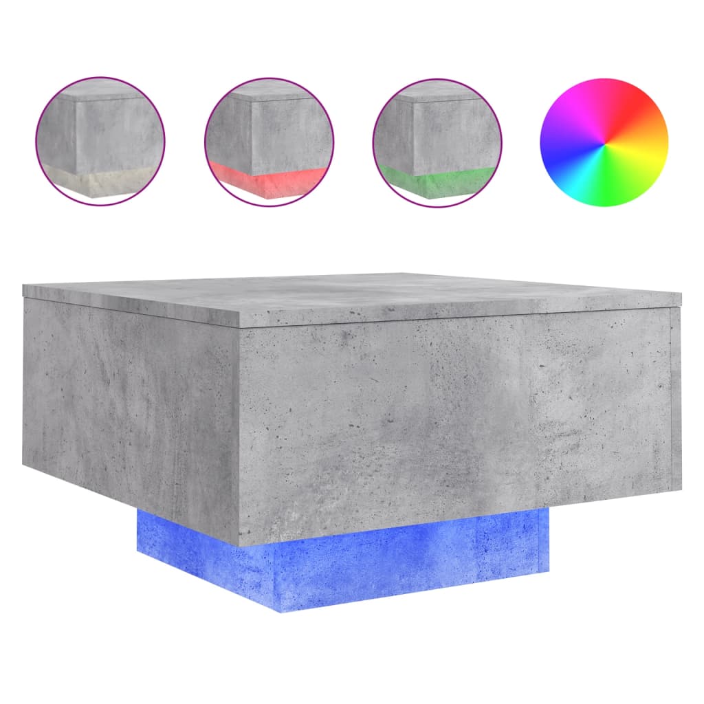 sofabord med LED-lys 55x55x31 cm betongrå