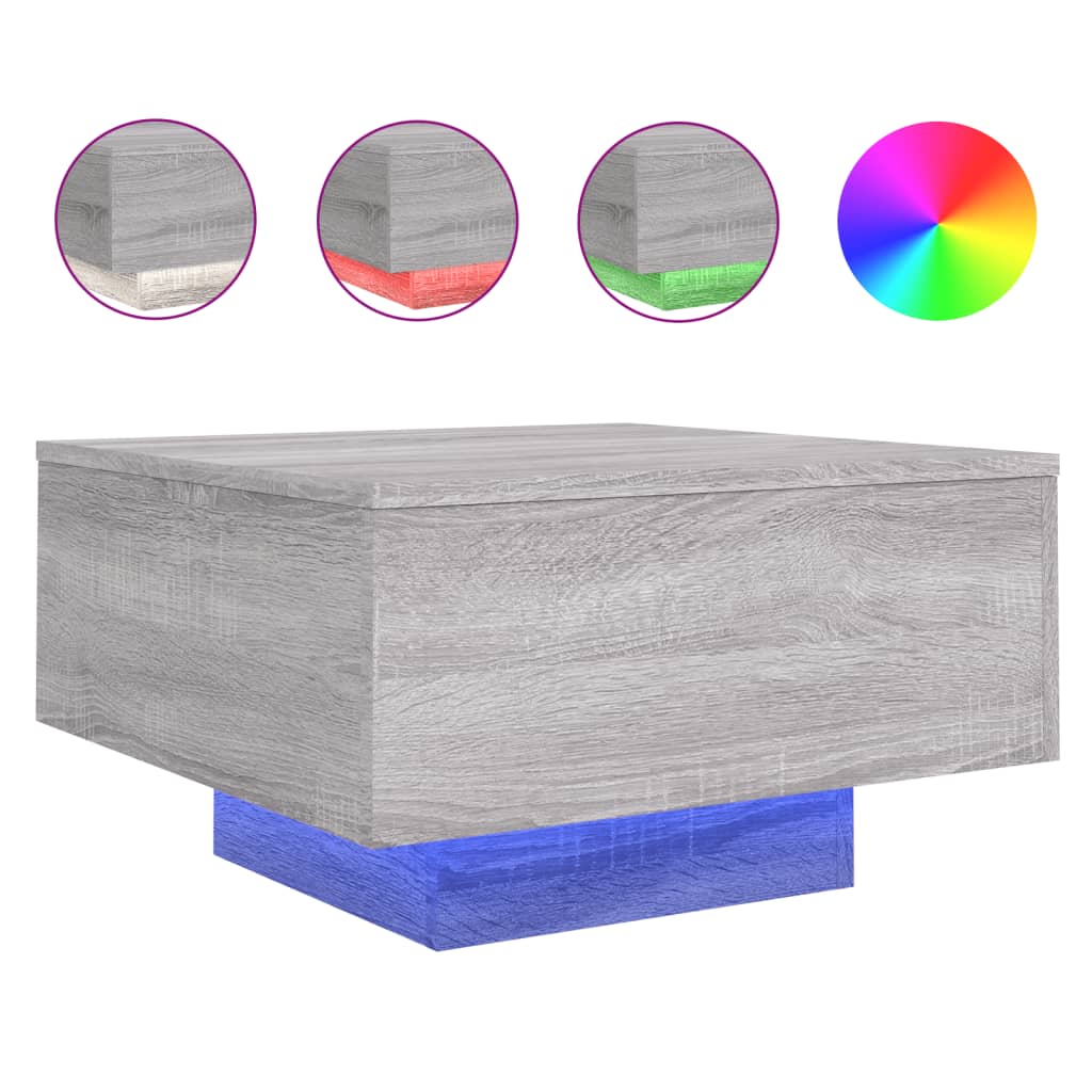 sofabord med LED-lys 55x55x31 cm grå sonoma-eg