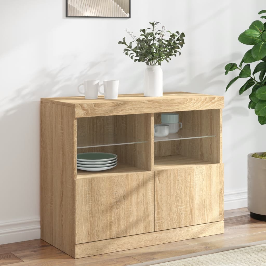 skænk med LED-lys 81x37x67 cm sonoma-eg