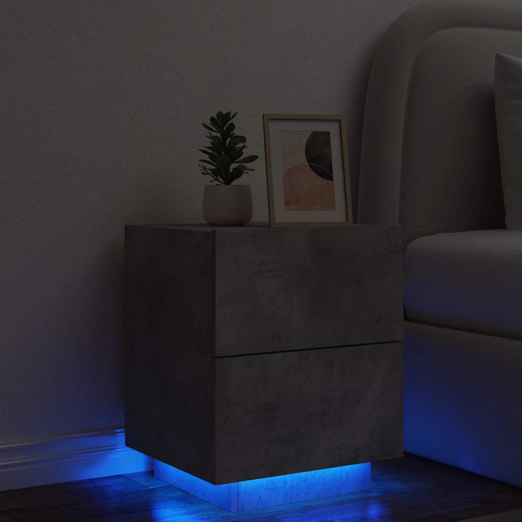 sengebord med LED-lys konstrueret træ betongrå