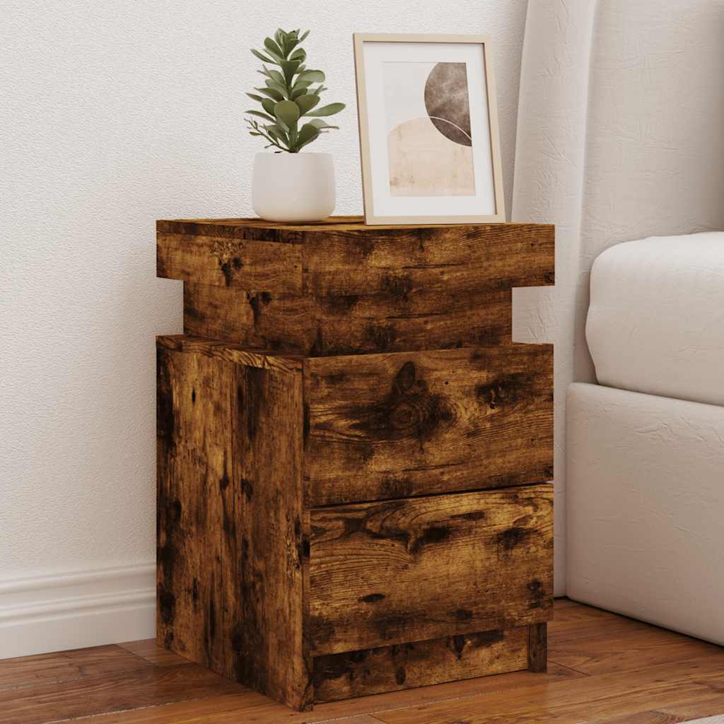 sengebord med LED-lys 35x39x55 cm røget egetræsfarve billede