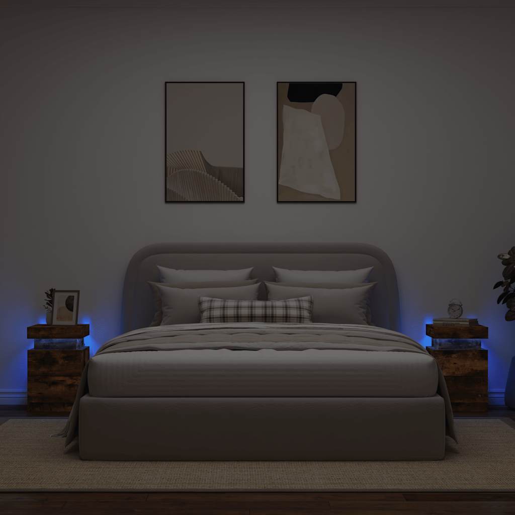 sengeborde 2 stk. med LED-lys 35x39x55 cm røget egetræsfarve