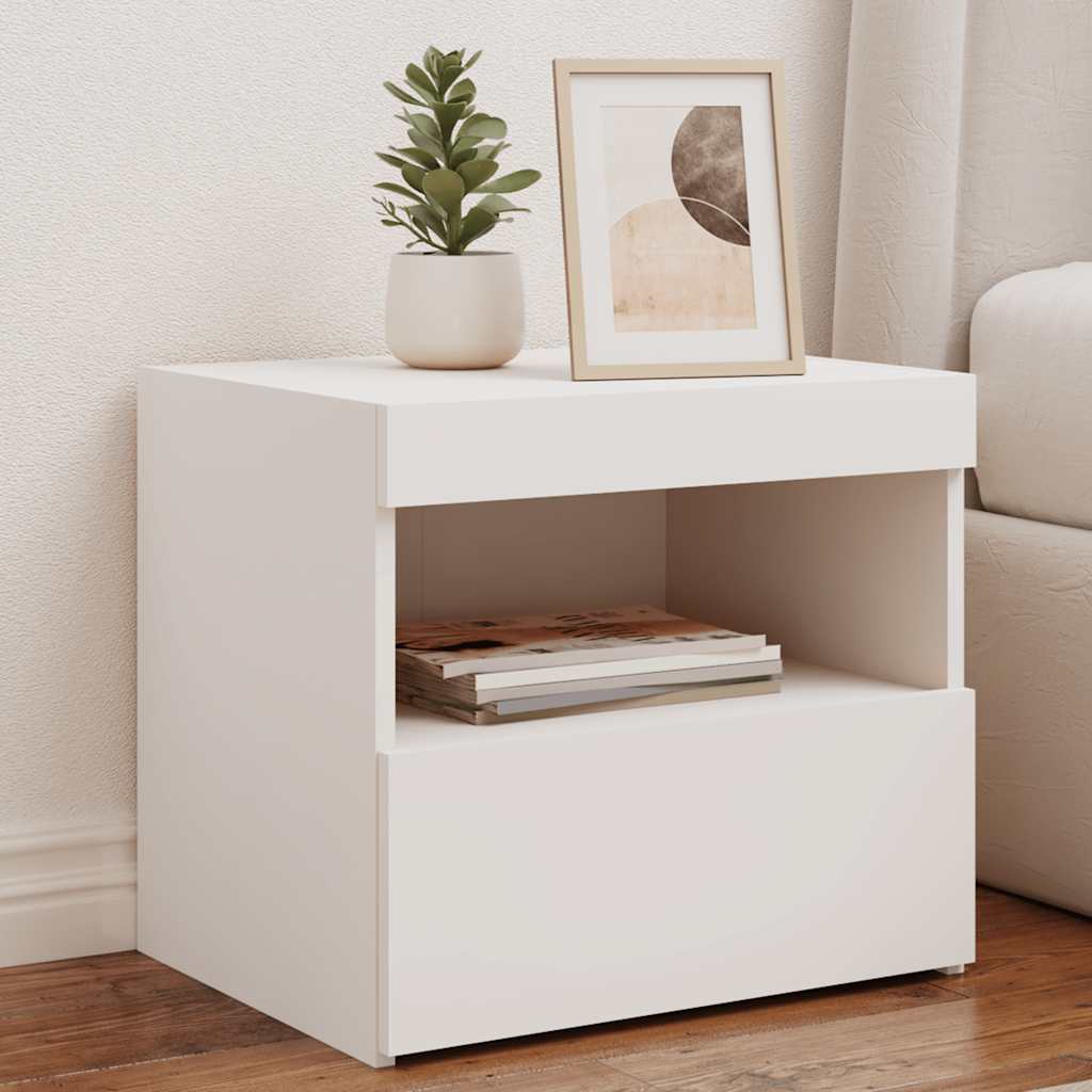 sengebord med LED-lys 50x40x45 cm hvid