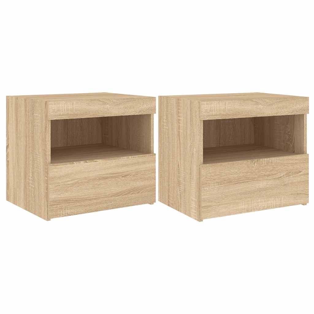 sengeborde 2 stk. med LED-lys 50x40x45 cm sonoma-eg
