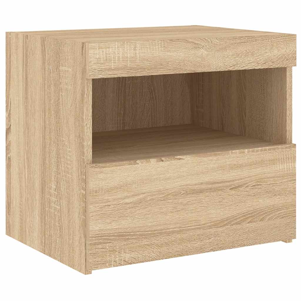 sengeborde 2 stk. med LED-lys 50x40x45 cm sonoma-eg