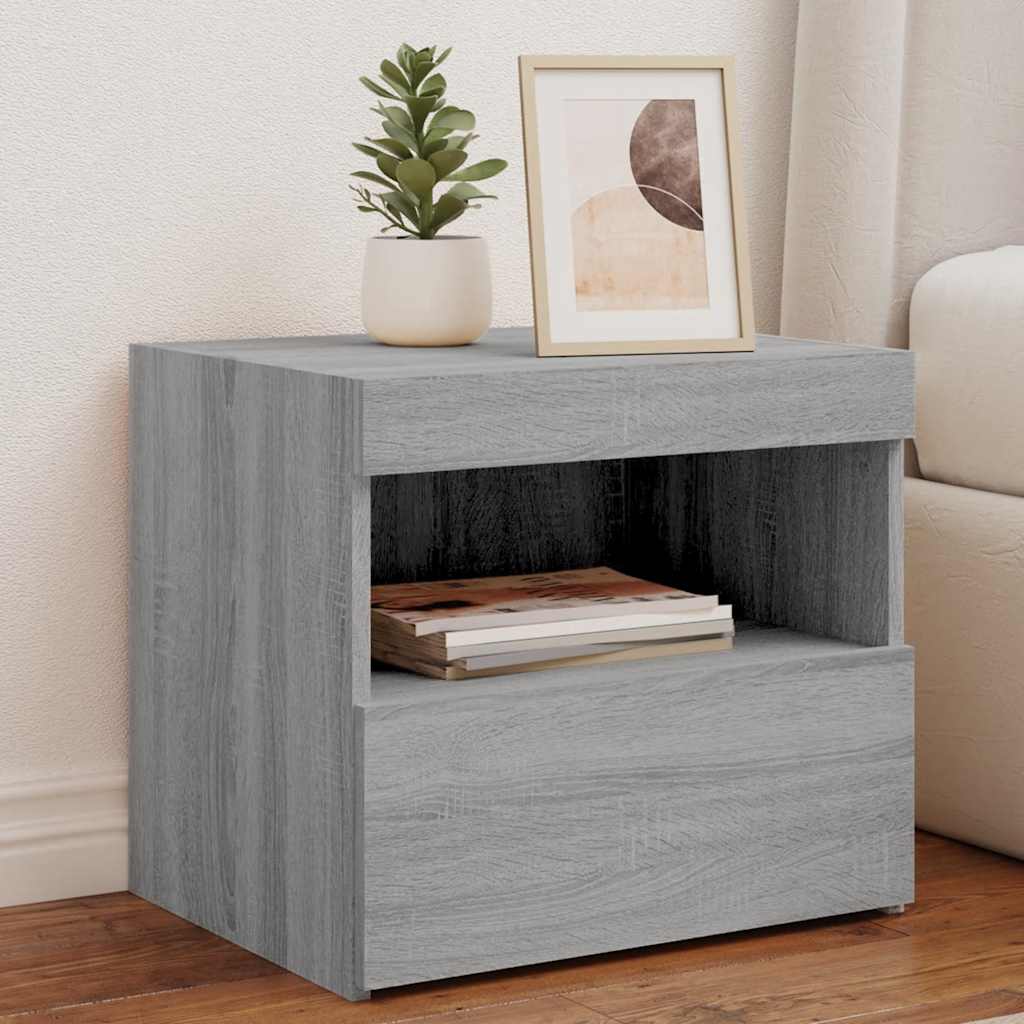sengebord med LED-lys 50x40x45 cm grå sonoma-eg billede