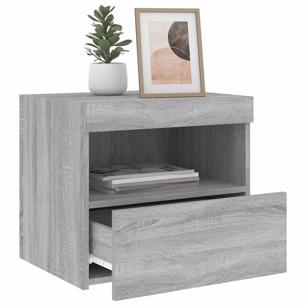 sengeborde 2 stk. med LED-lys 50x40x45 cm grå sonoma-eg