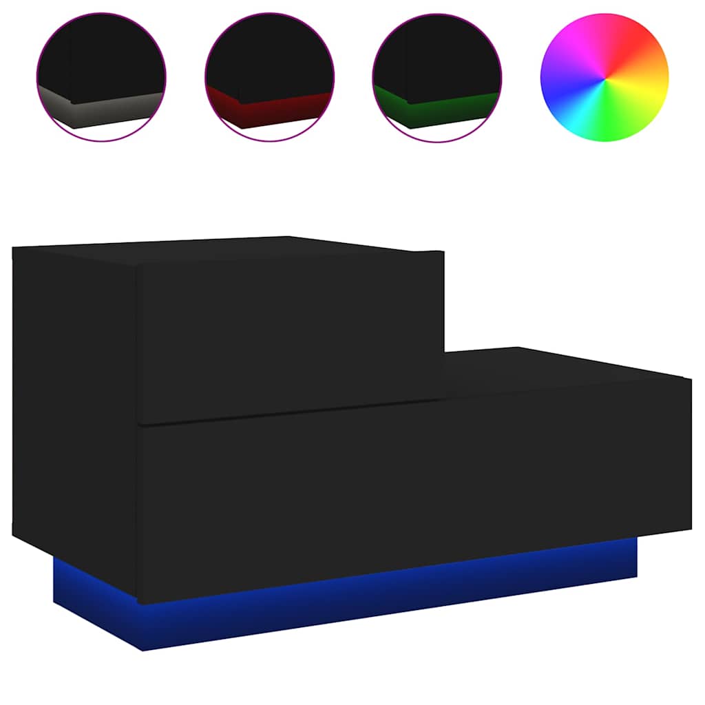 sengebord med LED-lys 70x36x40,5 cm sort