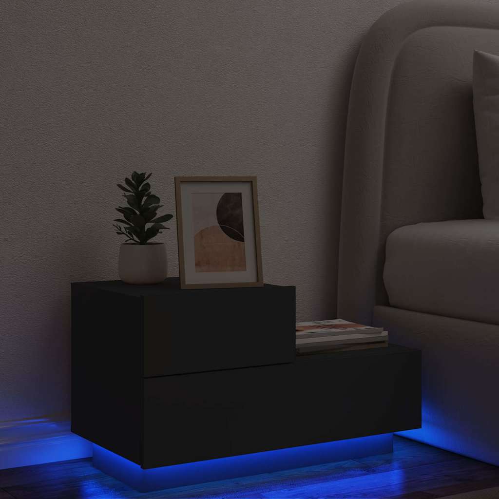sengebord med LED-lys 70x36x40,5 cm sort billede