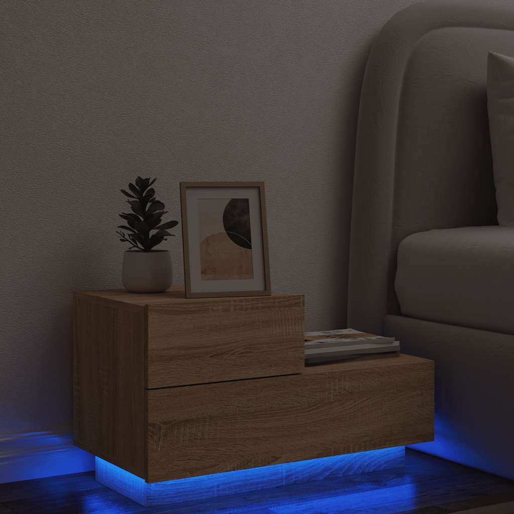 sengebord med LED-lys 70x36x40,5 cm sonoma-eg billede