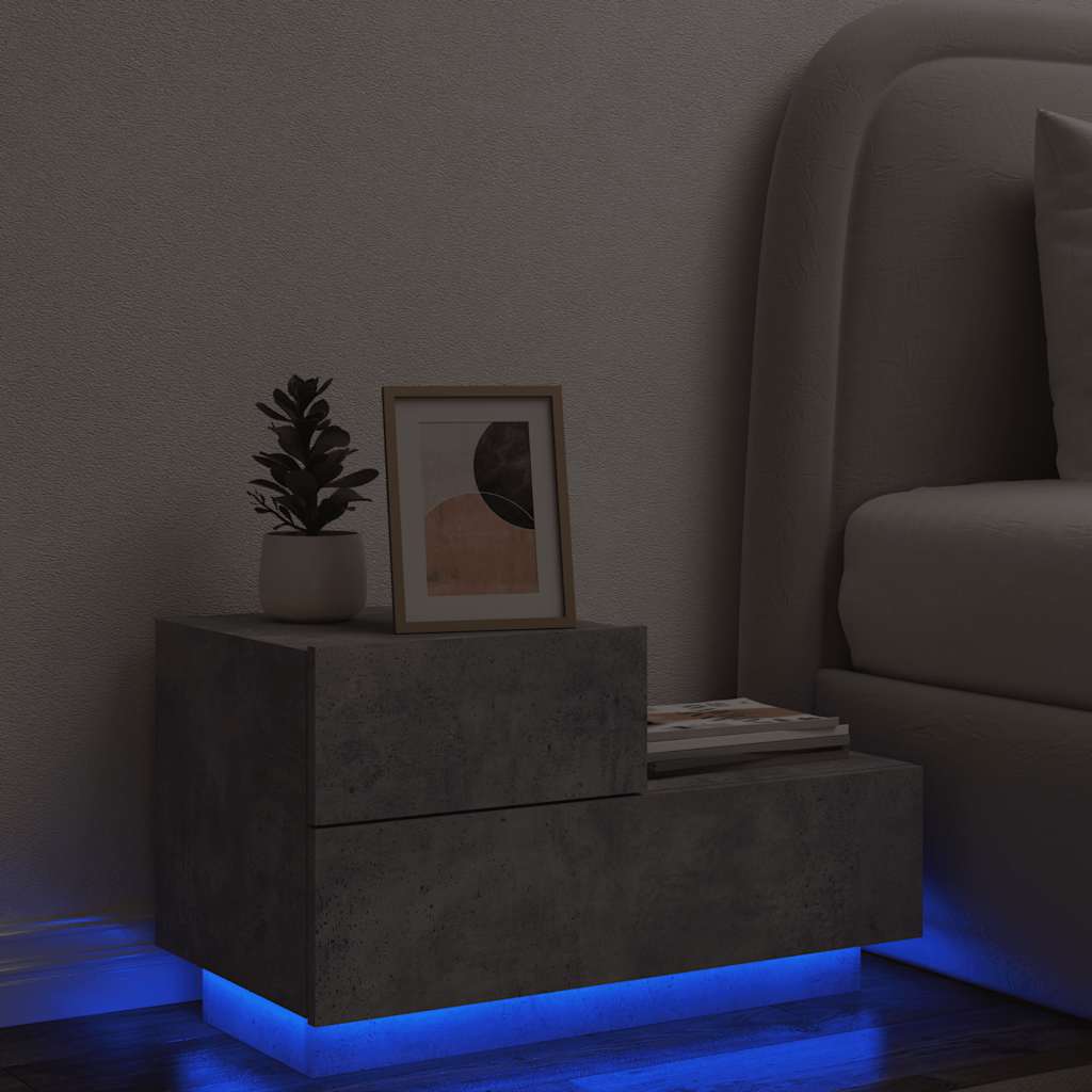 sengebord med LED-lys 70x36x40,5 cm betongrå billede