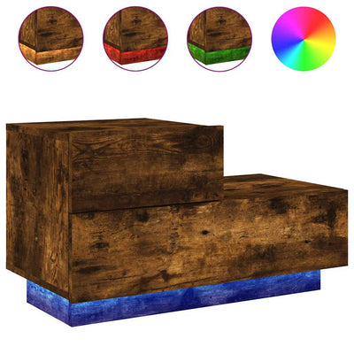 sengebord med LED-lys 70x36x40,5 cm røget egetræsfarve