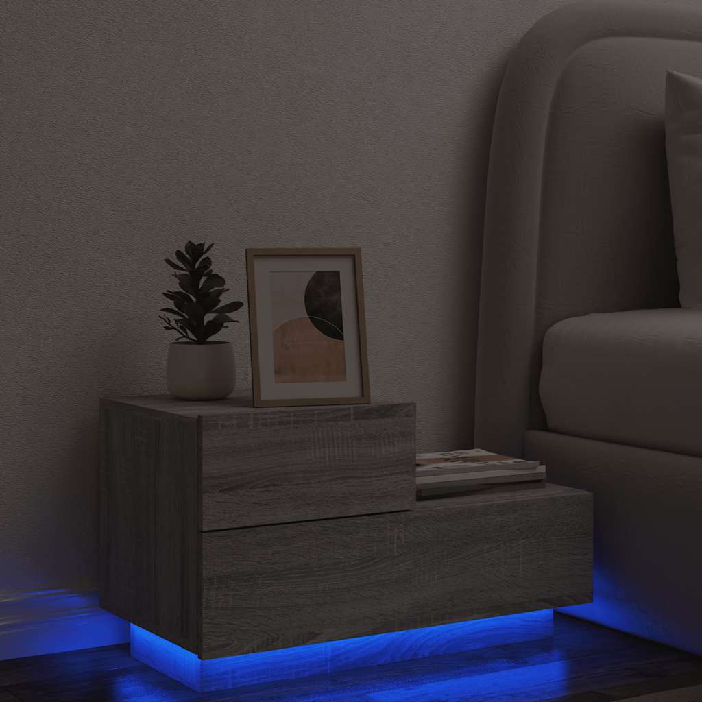sengebord med LED-lys 70x36x40,5 cm grå sonoma-eg billede