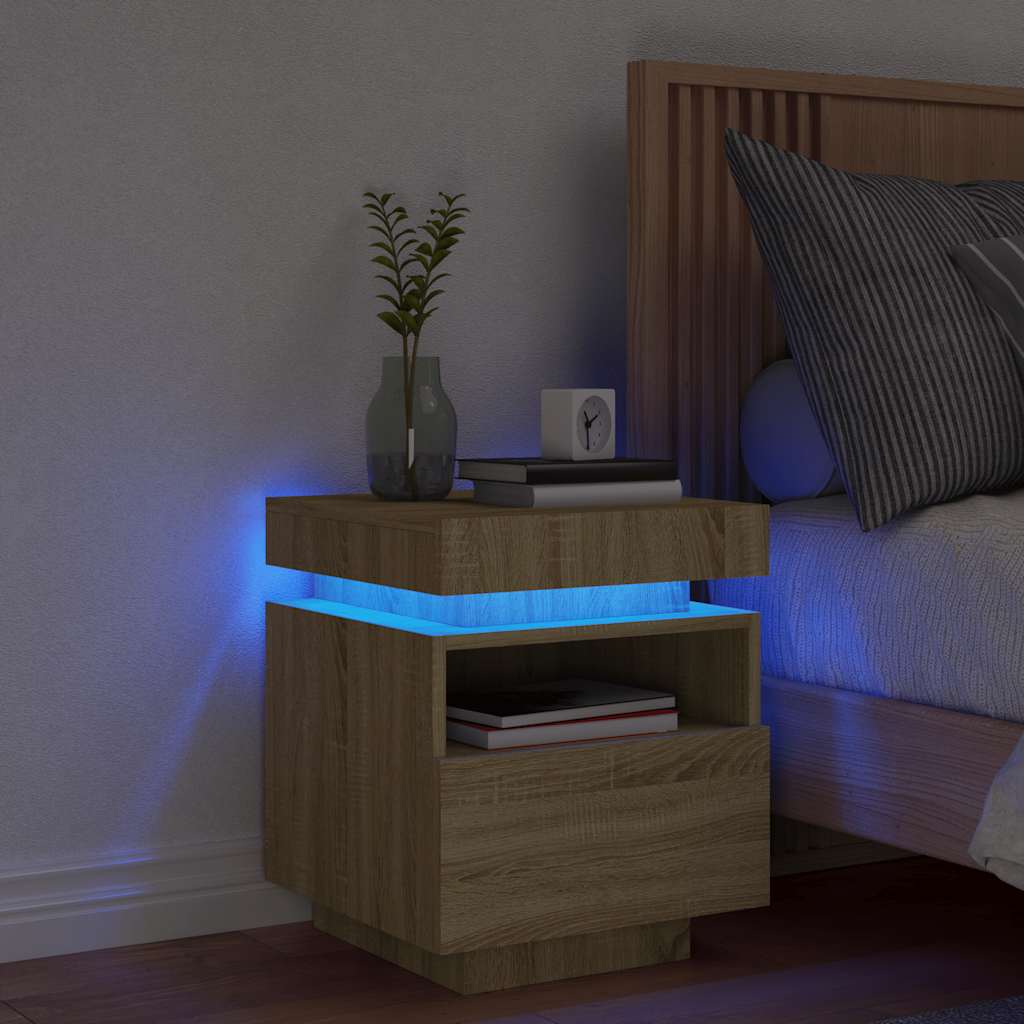sengebord med LED-lys 40x39x48,5 cm sonoma-eg