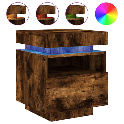 sengebord med LED-lys 40x39x48,5 cm røget egetræsfarve