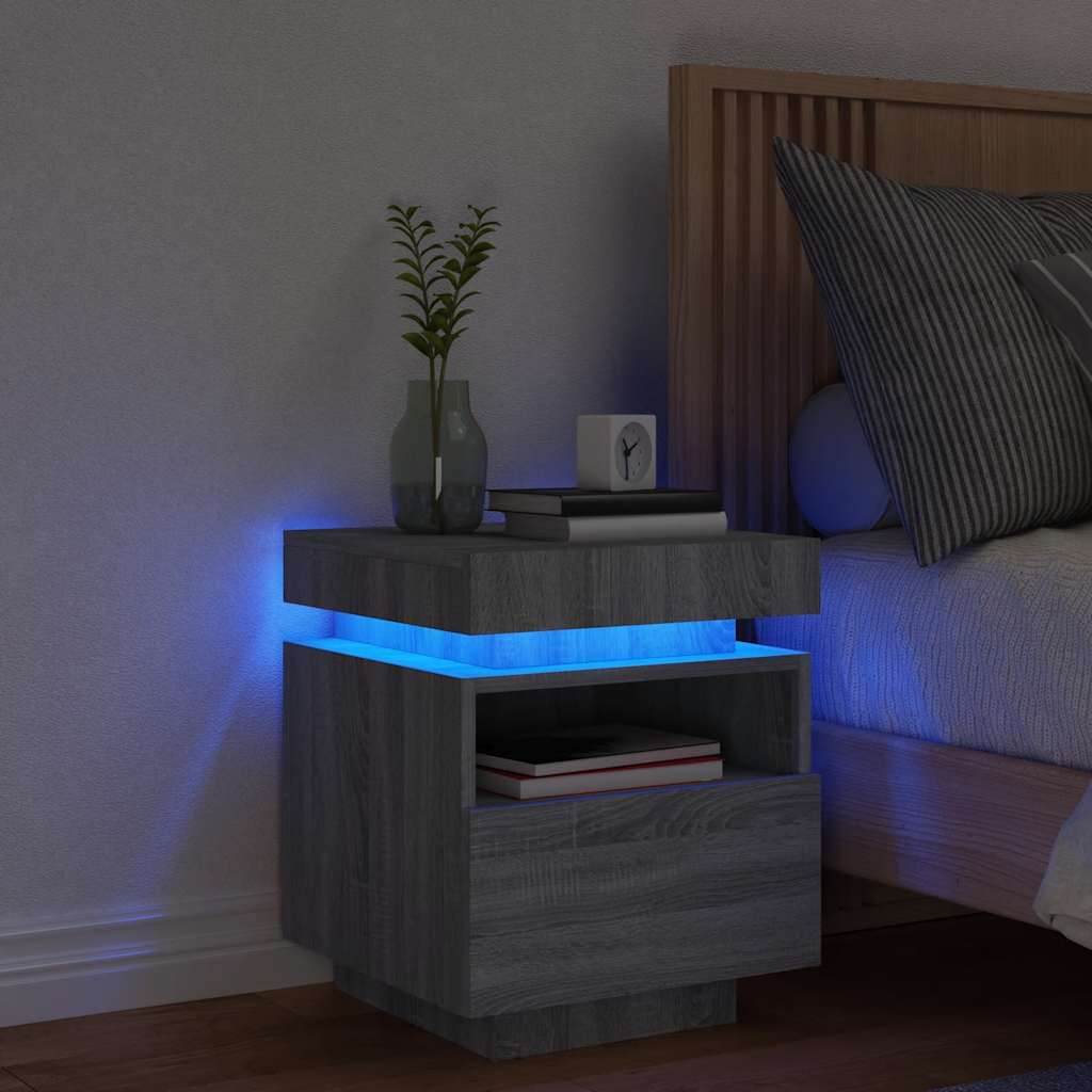 sengebord med LED-lys 40x39x48,5 cm grå sonoma-eg billede