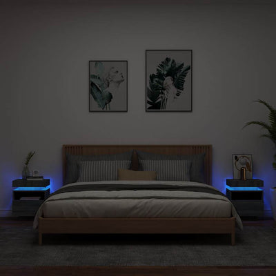 sengeborde 2 stk. med LED-lys 40x39x48,5 cm grå sonoma-eg