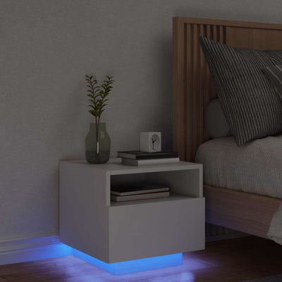 sengebord med LED-lys 40x39x37 cm hvid