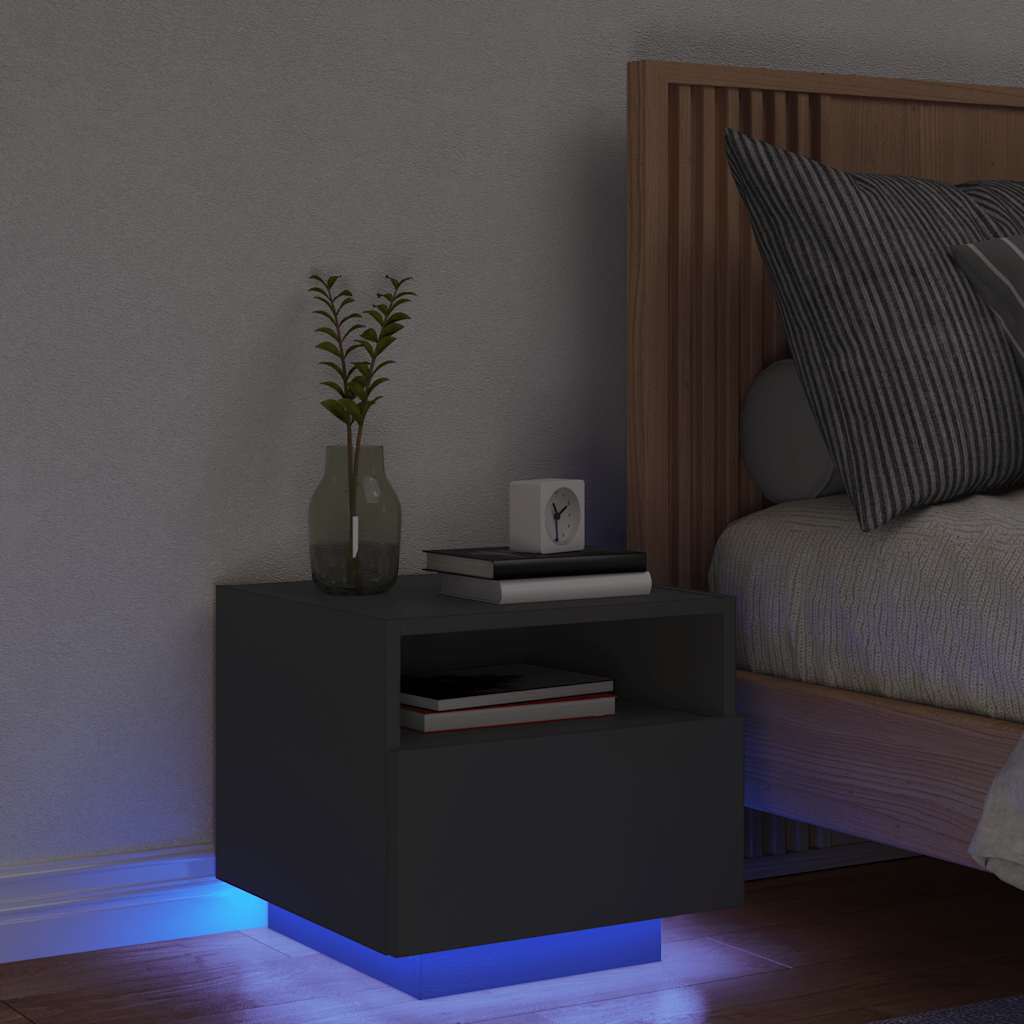 sengebord med LED-lys 40x39x37 cm sort billede