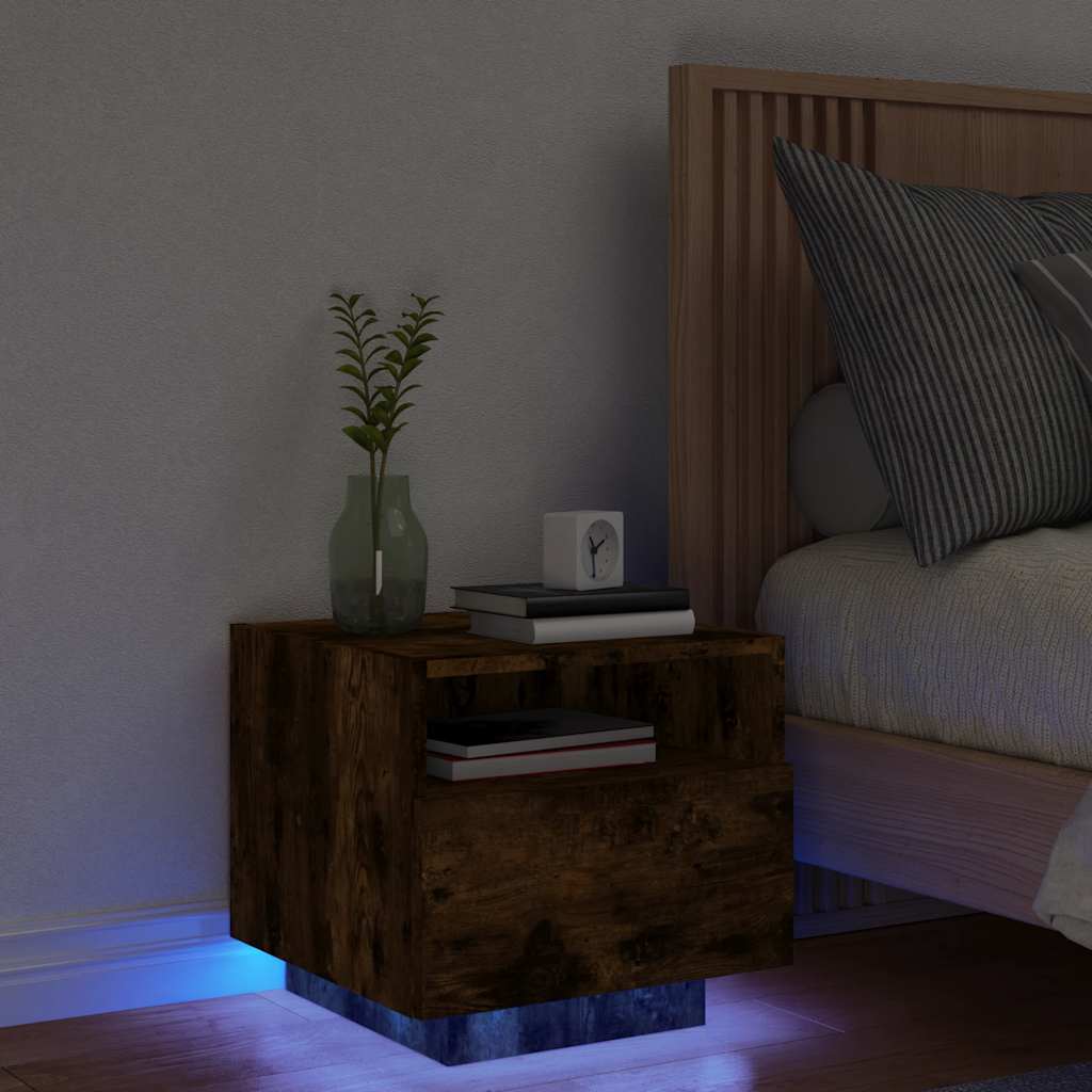 sengebord med LED-lys 40x39x37 cm røget egetræsfarve billede