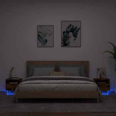sengeborde 2 stk. med LED-lys 40x39x37 cm røget egetræsfarve