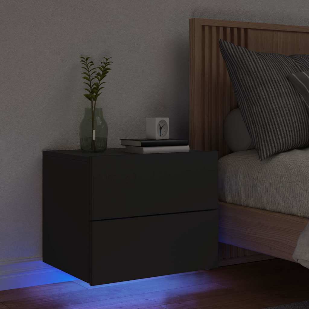væghængt sengebord med LED-lys sort