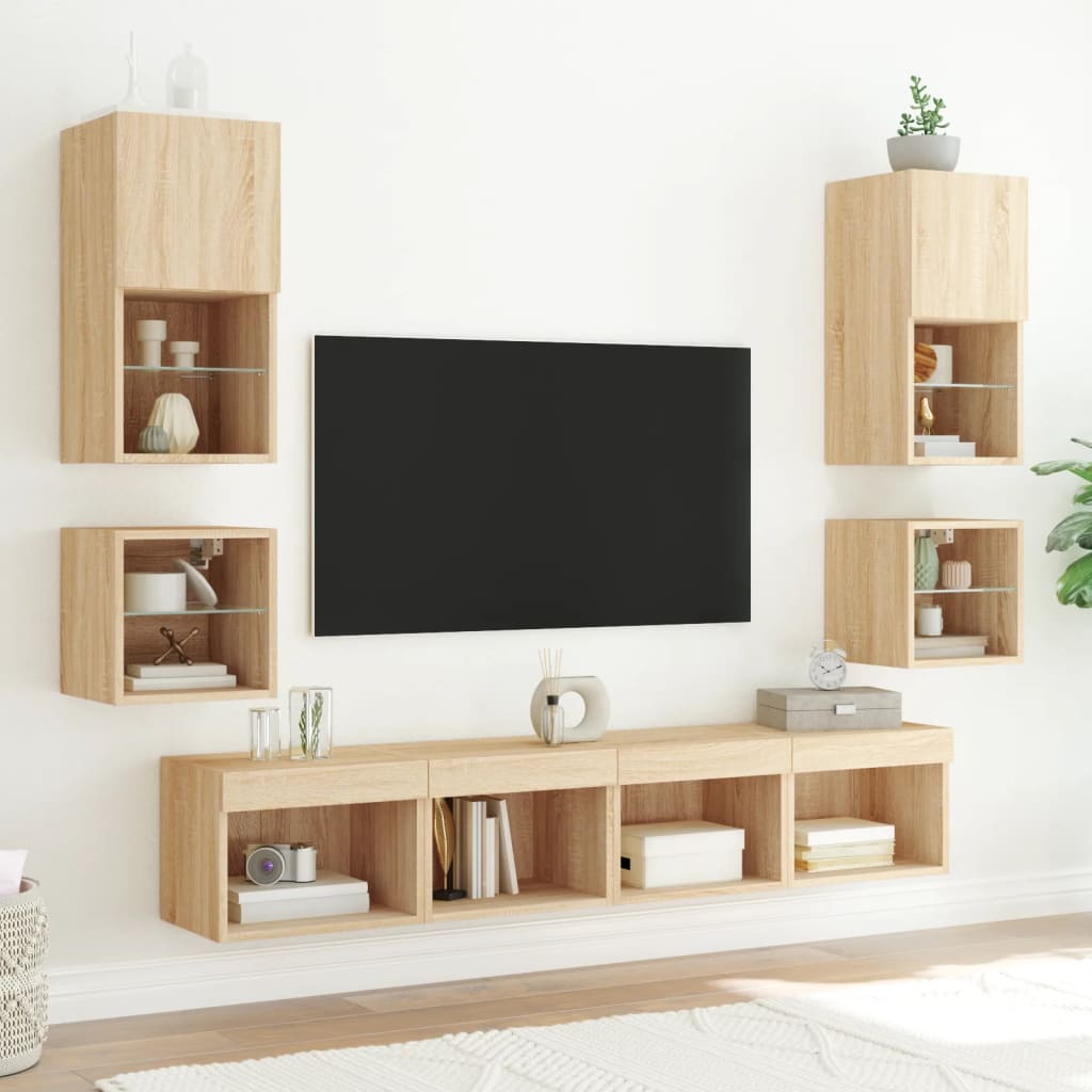 væghængt tv-bord med LED-lys 30x28,5x30 cm sonoma-eg