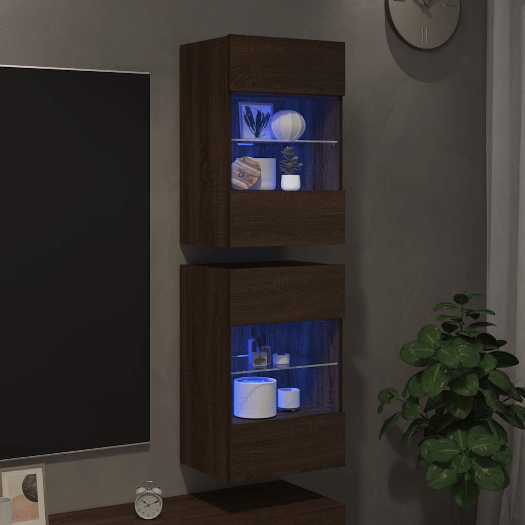 væghængte skabe til TV 2 stk. med LED-lys 40x30x60,5 cm brunt eg