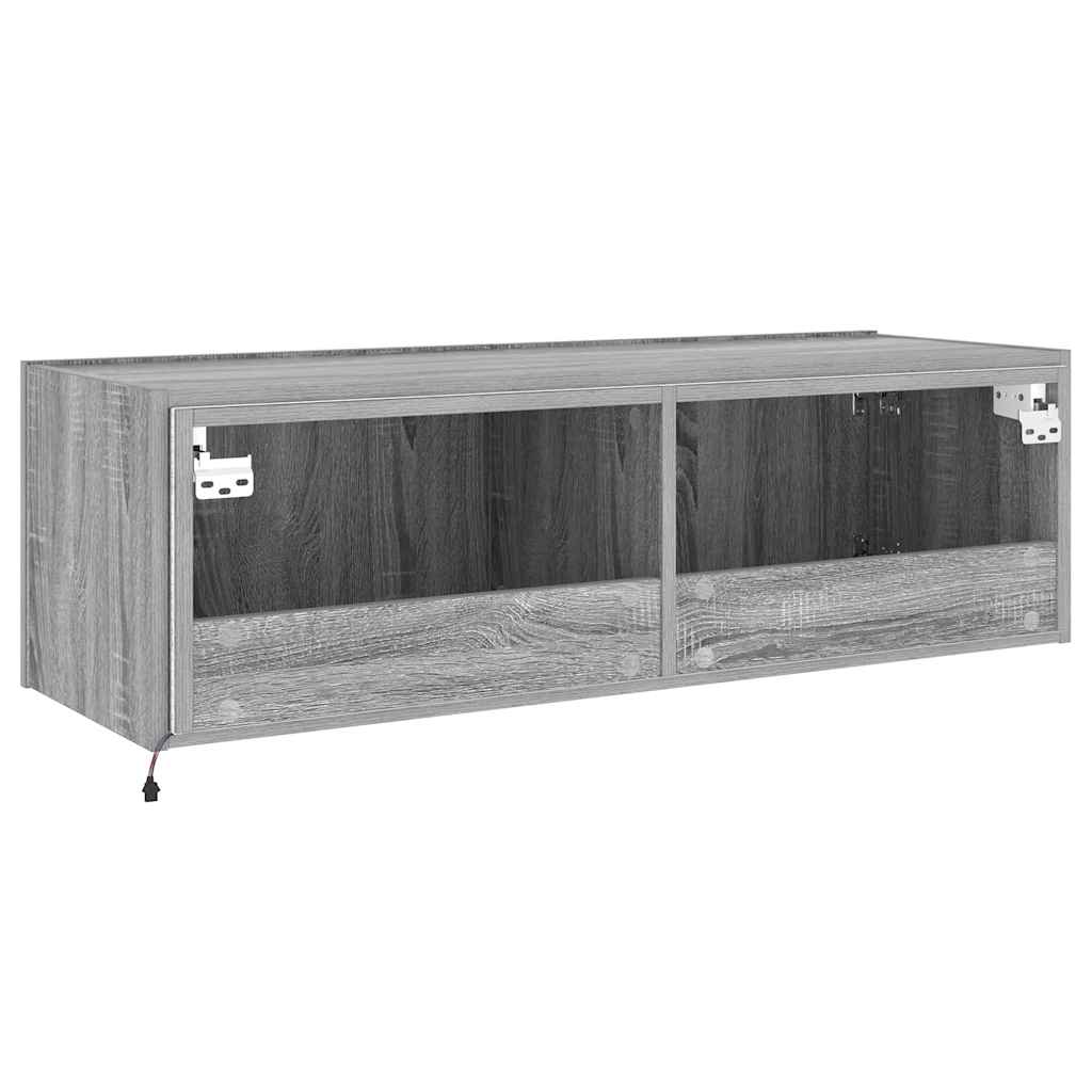 væghængt tv-bord m. LED-lys 100x35x31 cm grå sonoma-eg