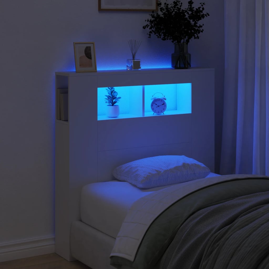 sengegavl med LED-lys 100x18,5x103,5 cm konstrueret træ hvid