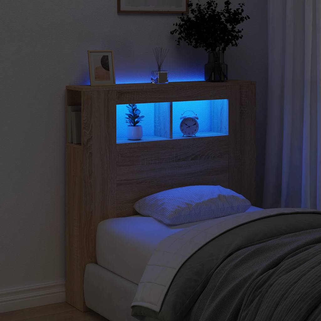 sengegavl 100x18,5x103,5 cm LED-lys konstrueret træ sonoma-eg