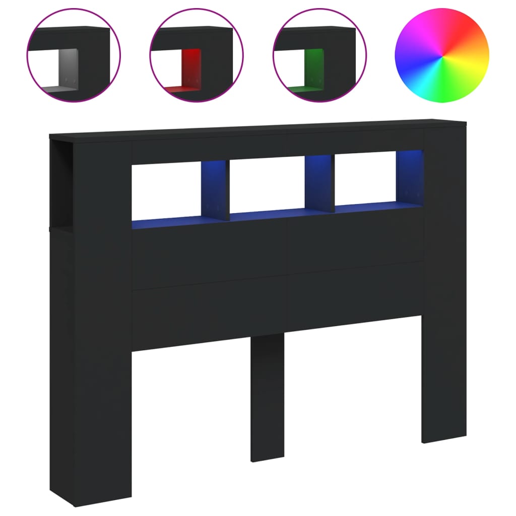 sengegavl med LED-lys 140x18,5x103,5 cm konstrueret træ sort