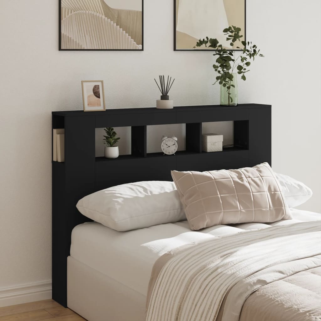sengegavl med LED-lys 140x18,5x103,5 cm konstrueret træ sort