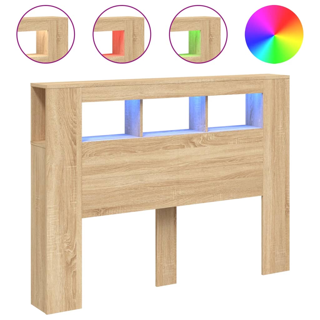 sengegavl 140x18,5x103,5 cm LED-lys konstrueret træ sonoma-eg
