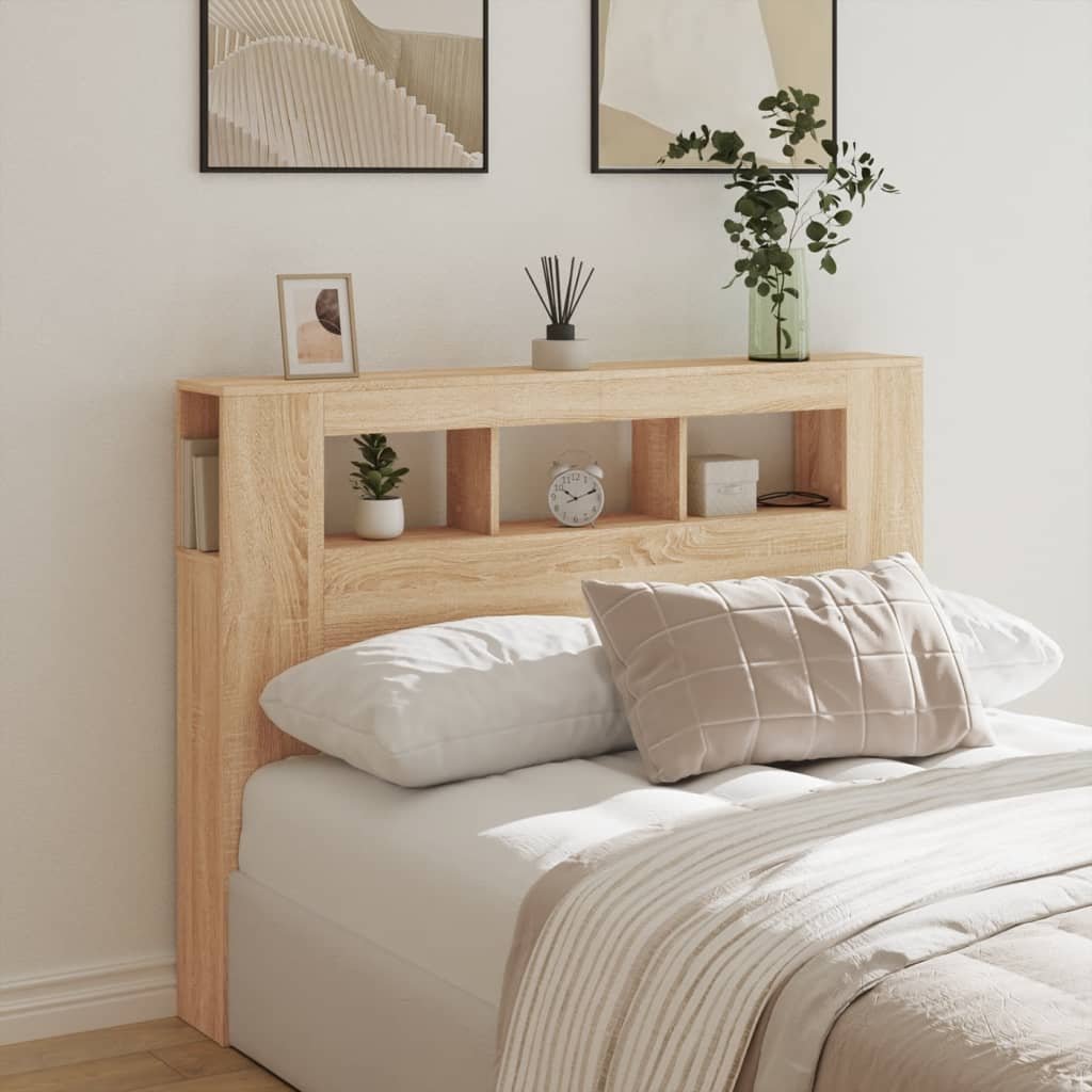 sengegavl 140x18,5x103,5 cm LED-lys konstrueret træ sonoma-eg