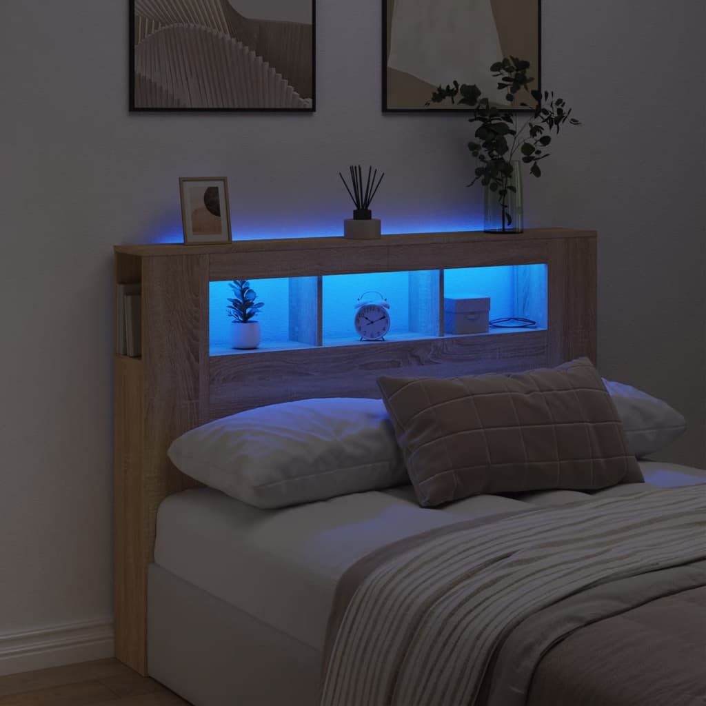 sengegavl 140x18,5x103,5 cm LED-lys konstrueret træ sonoma-eg