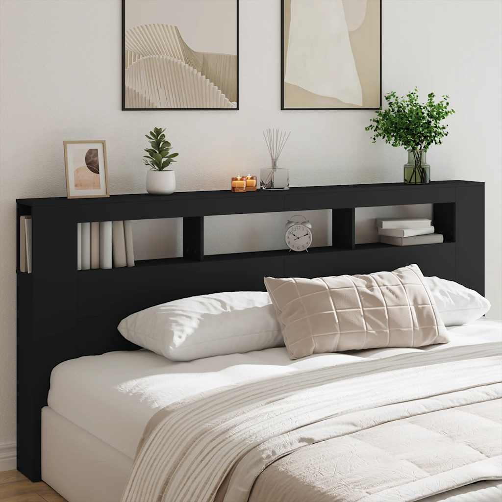 sengegavl med LED-lys 220x18,5x103,5 cm konstrueret træ sort